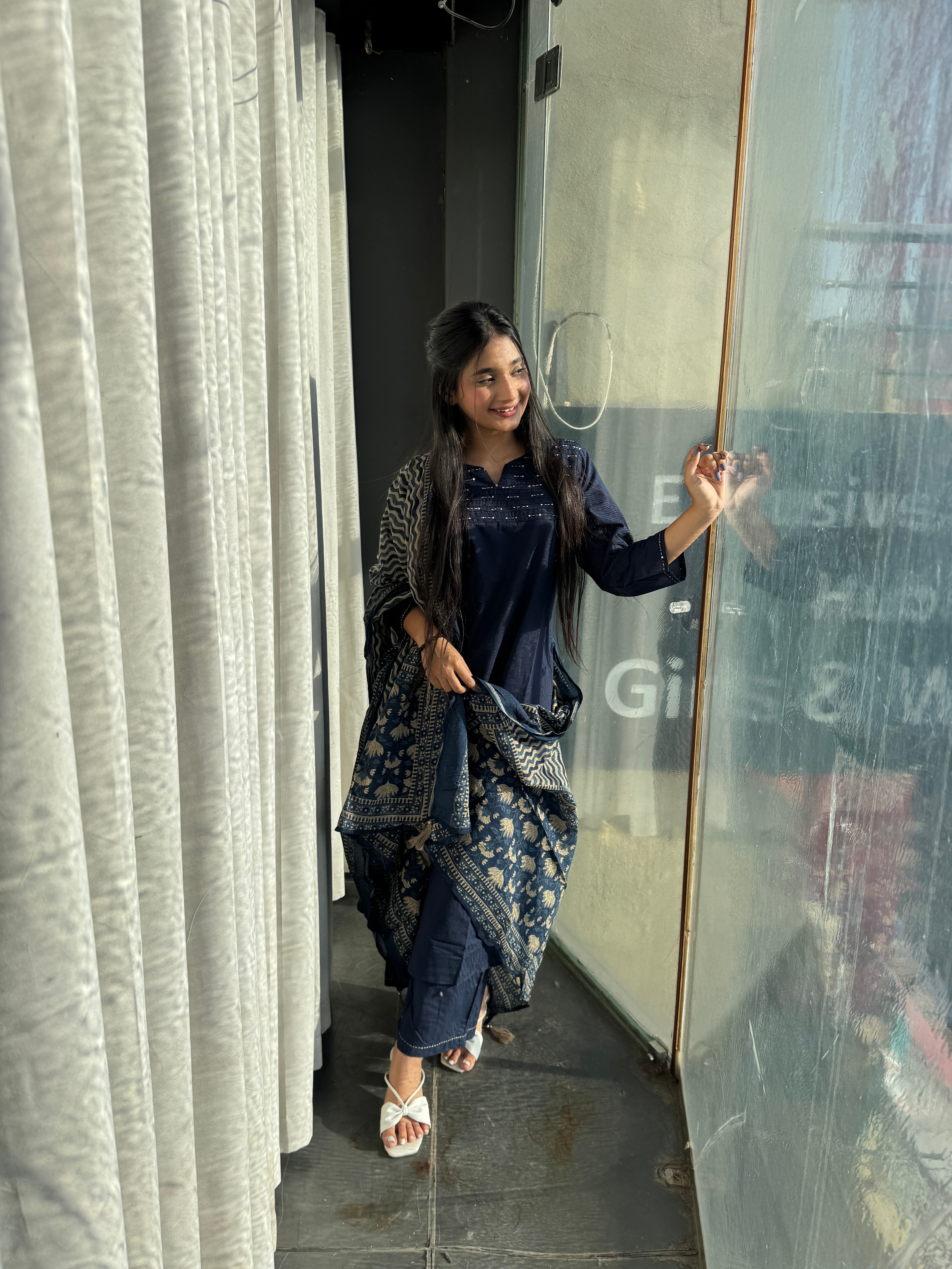 Pure Cotton Three piece Kurta set -Blue